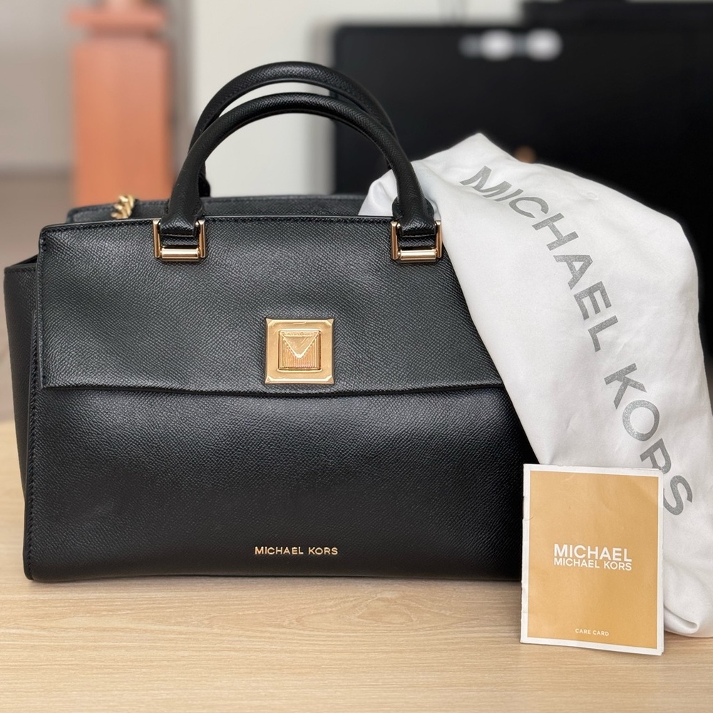 Michael Kors Sylvia Medium Crossgrain Leather Satchel Black